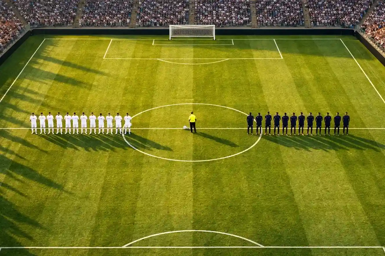 Voetbalveld vanuit vogelperspectief met twee teams in opstelling