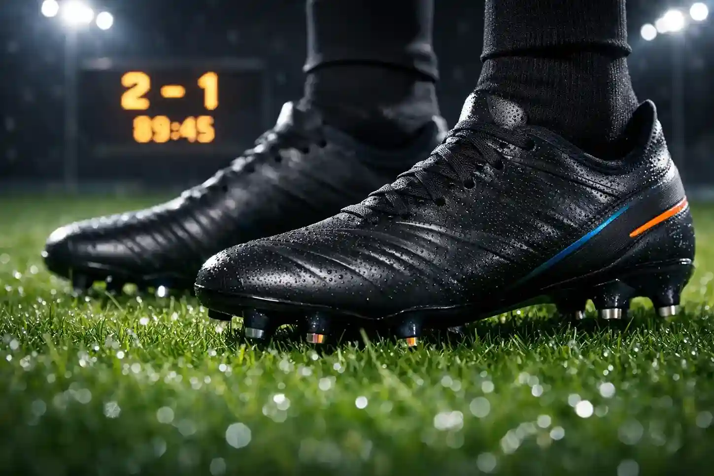 Close-up van voetbalschoenen op het gras met scorebord op achtergrond