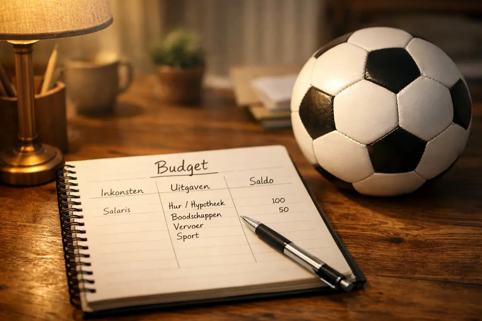 Notitieboek met budgetplanning naast een voetbal op een bureau