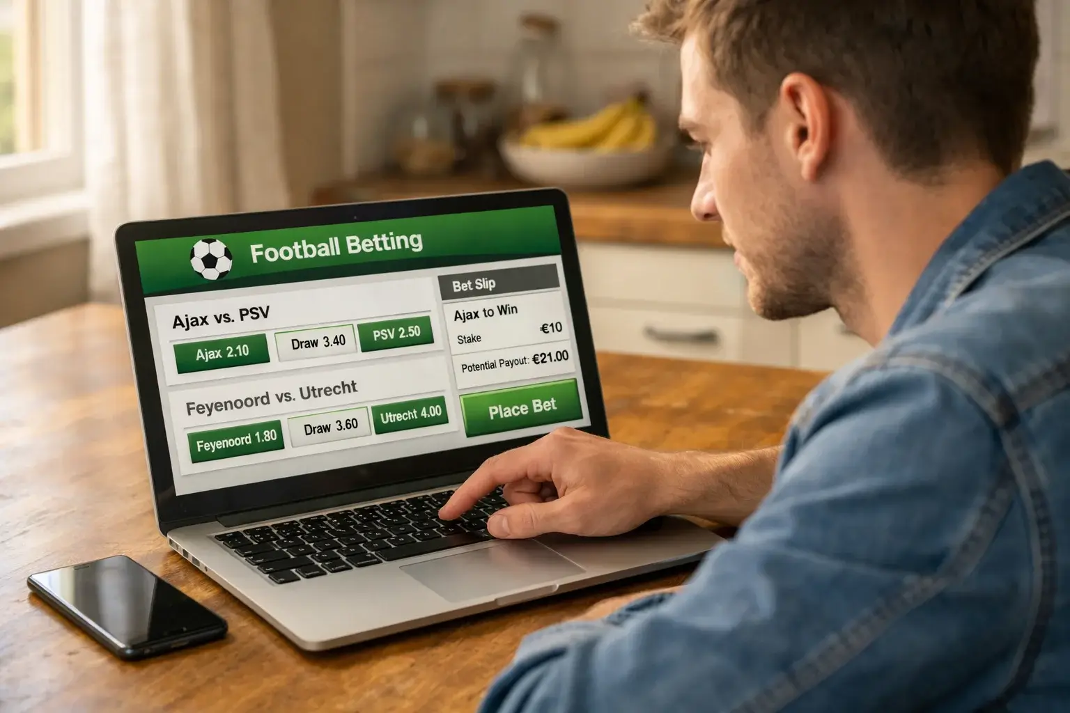 Beginner plaatst eerste voetbal weddenschap op laptop