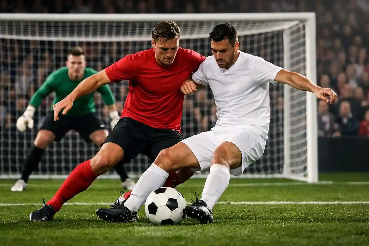 Twee voetballers van verschillende teams in duel voor het doel