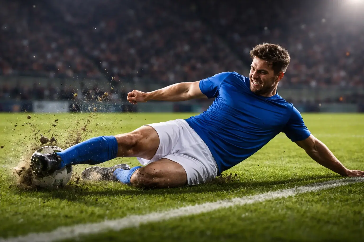 Voetballer maakt een sliding tackle tijdens een intensieve wedstrijd