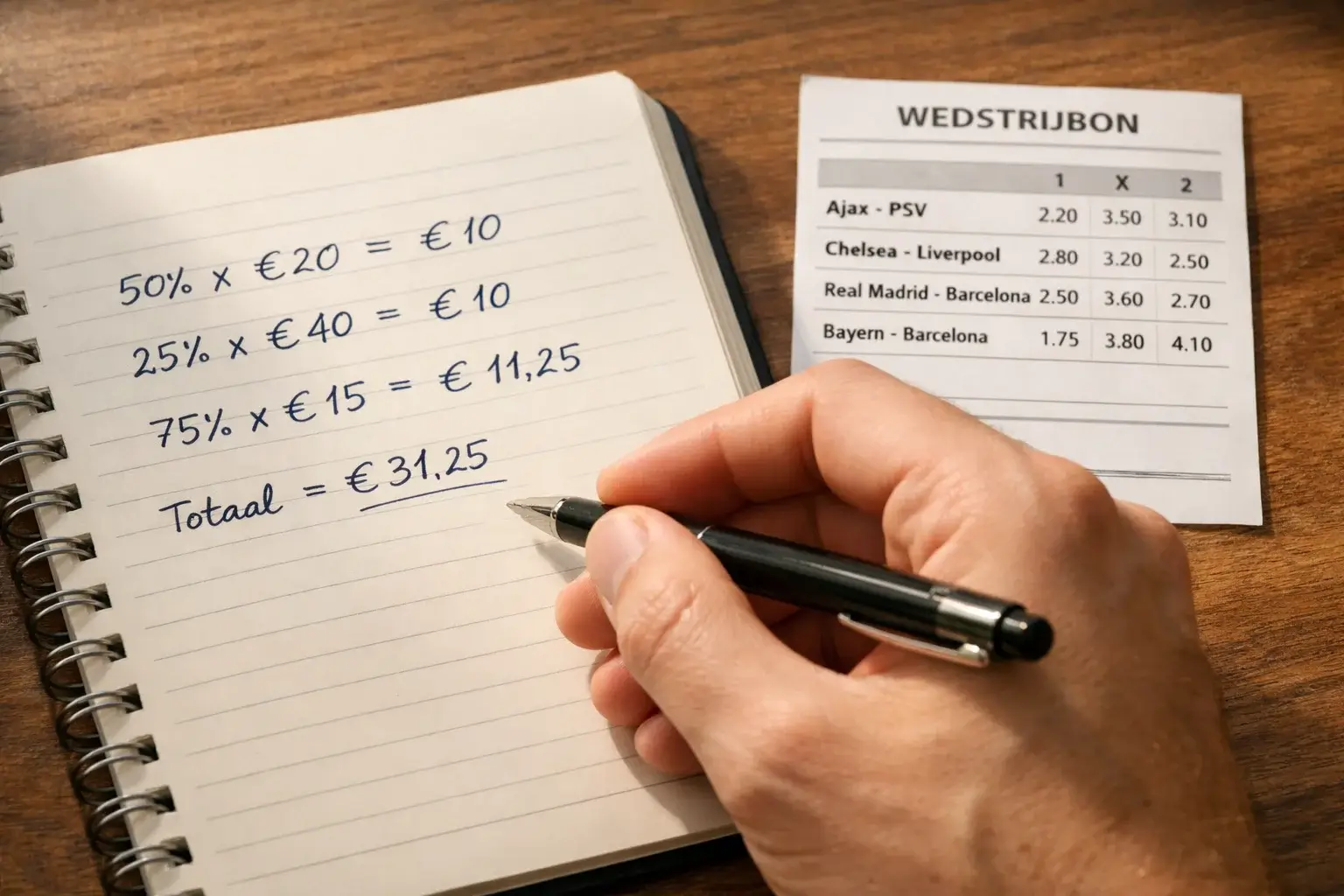 Hand met pen die percentages noteert op een wedformulier