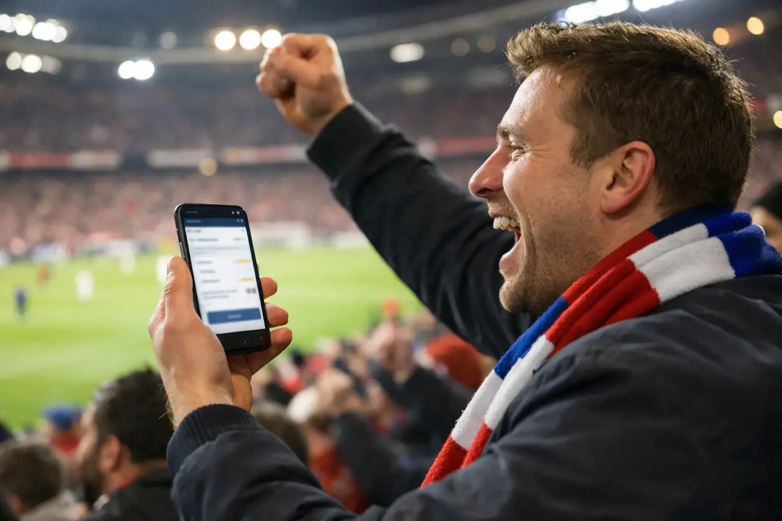 Supporter juicht met smartphone in hand tijdens voetbalwedstrijd