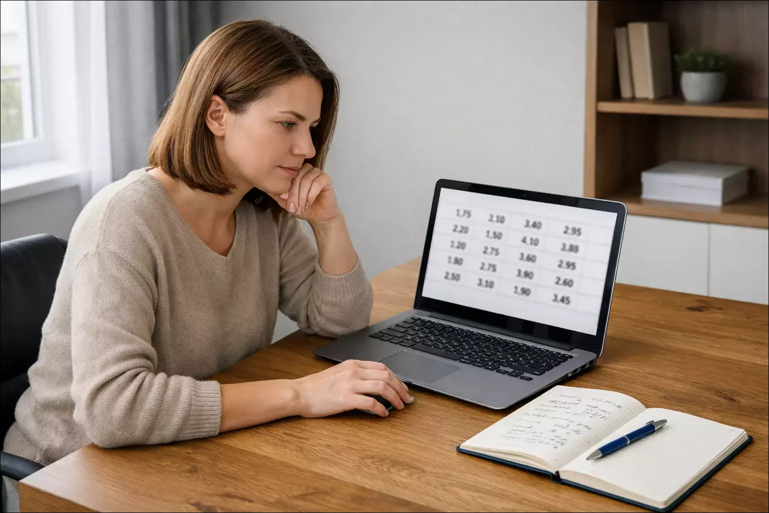 Persoon analyseert odds op laptop met notitieblok