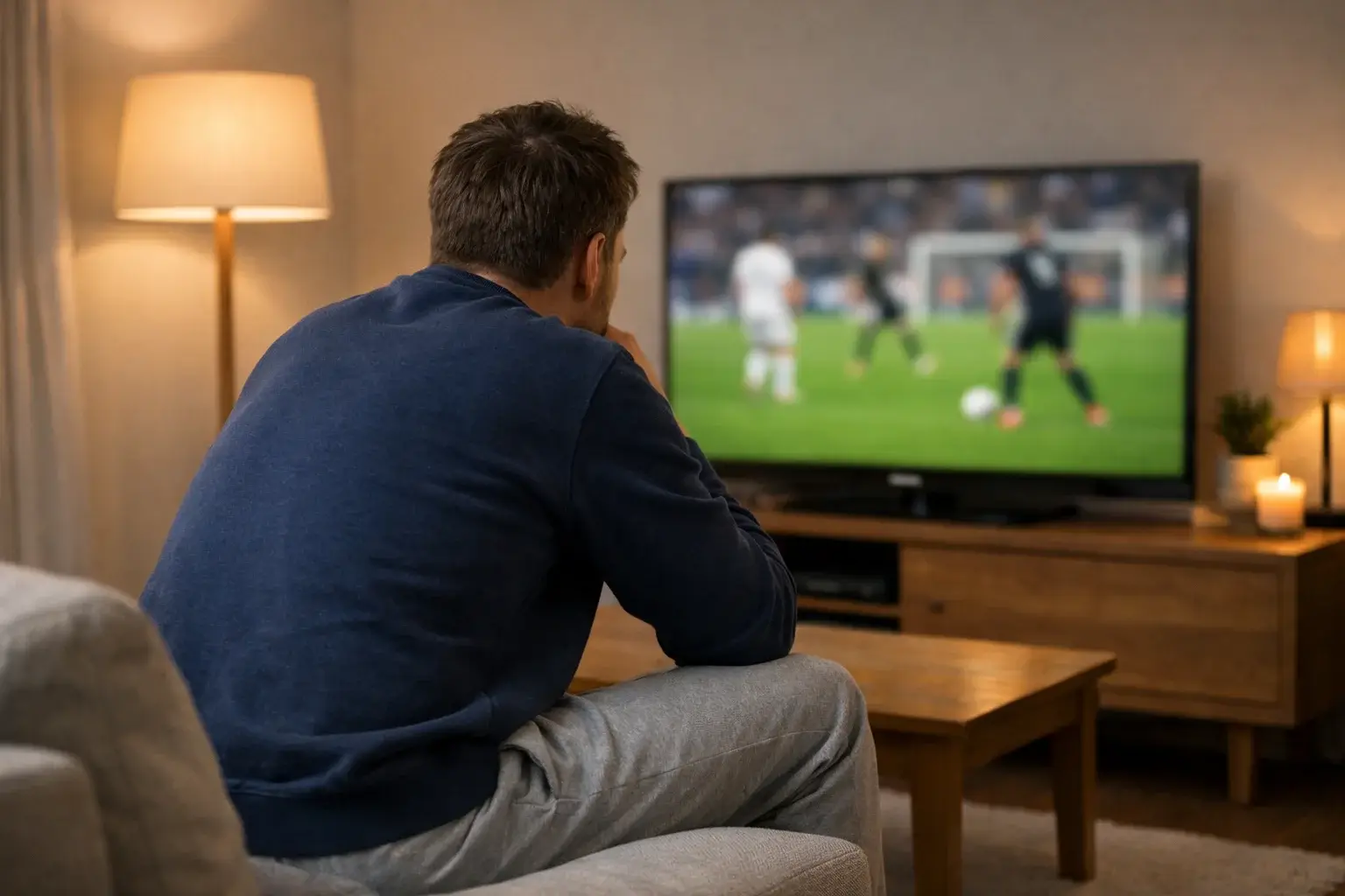 Man kijkt gefocust naar voetbalwedstrijd in een rustige woonkamer