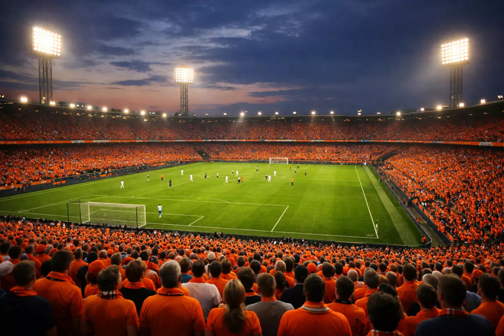 Voetbalstadion met Nederlandse supporters in oranje shirts tijdens een avondwedstrijd