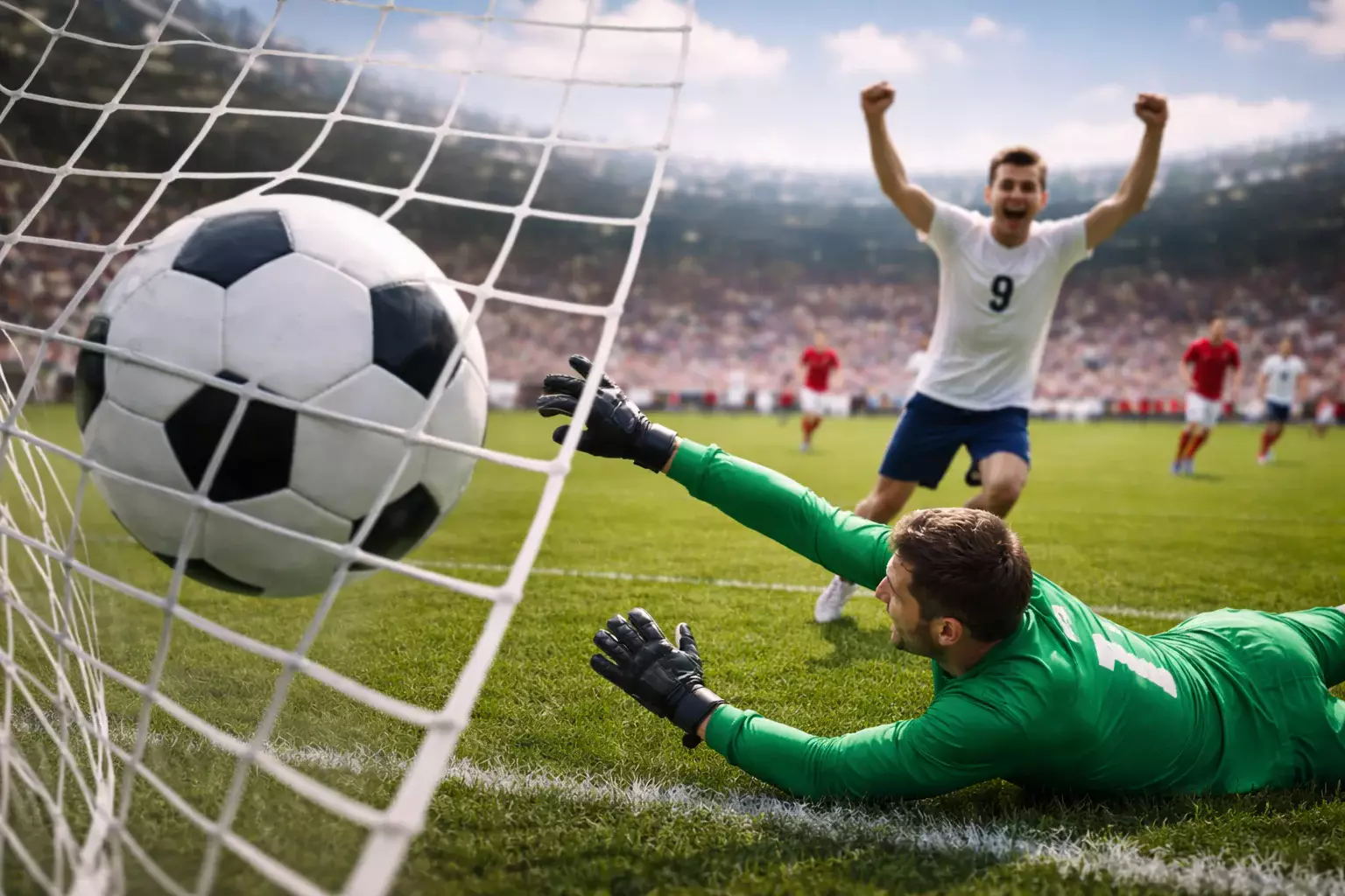 Voetballer scoort doelpunt in het net