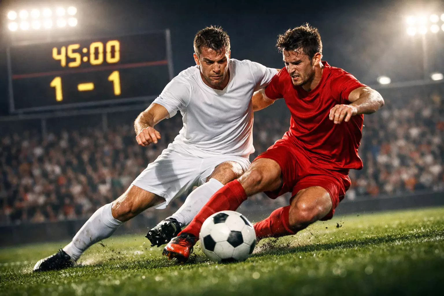 Voetbalwedstrijd in actie met live scorebord