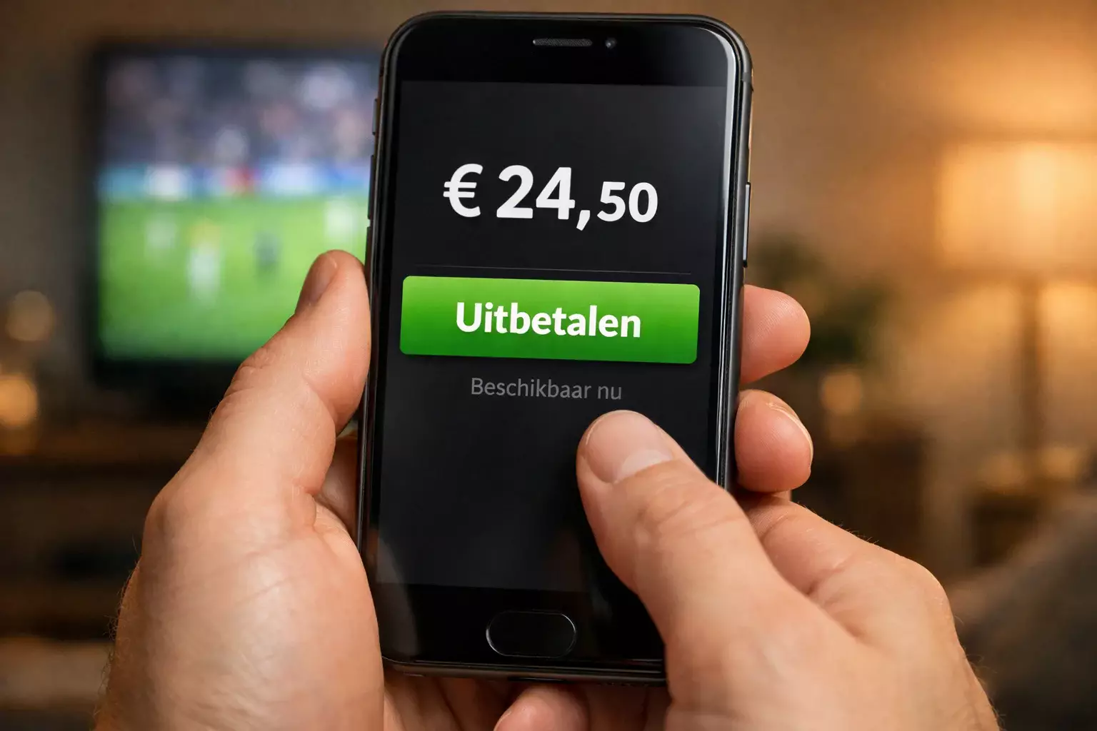 Hand houdt smartphone met cash out optie op scherm