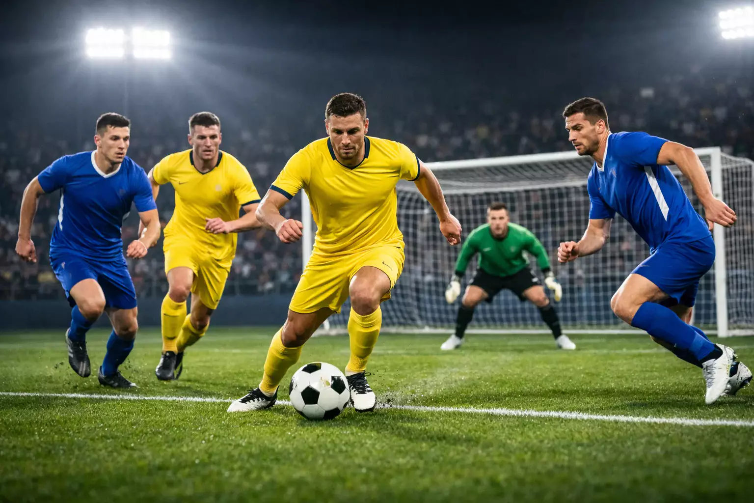 Voetbalspelers in intense wedstrijd met aanval op doel