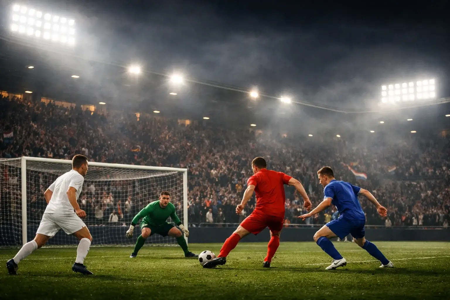 Spannend moment tijdens een avondwedstrijd met verlicht stadion