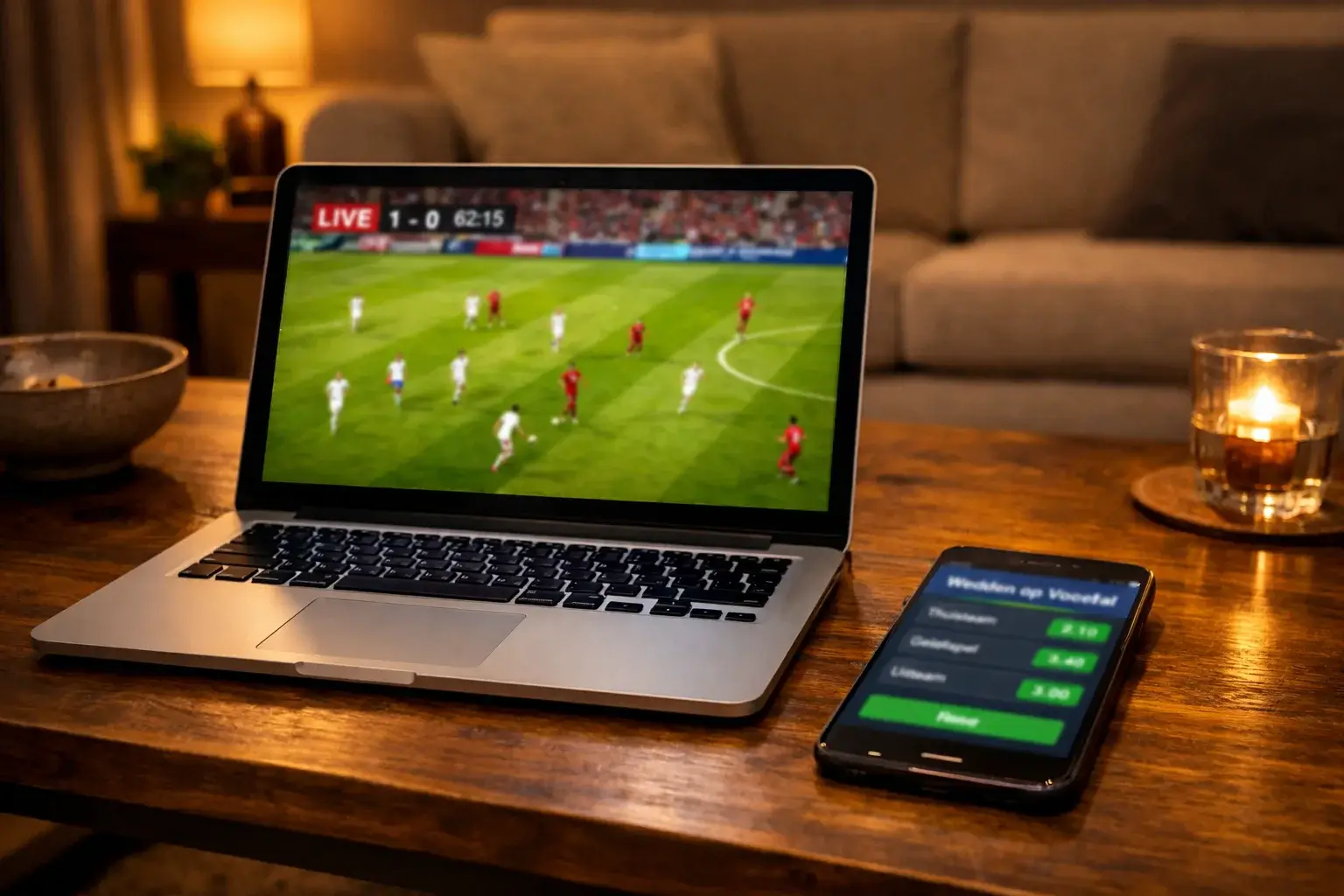 Voetbalwedstrijd livestream op laptop met wedden interface