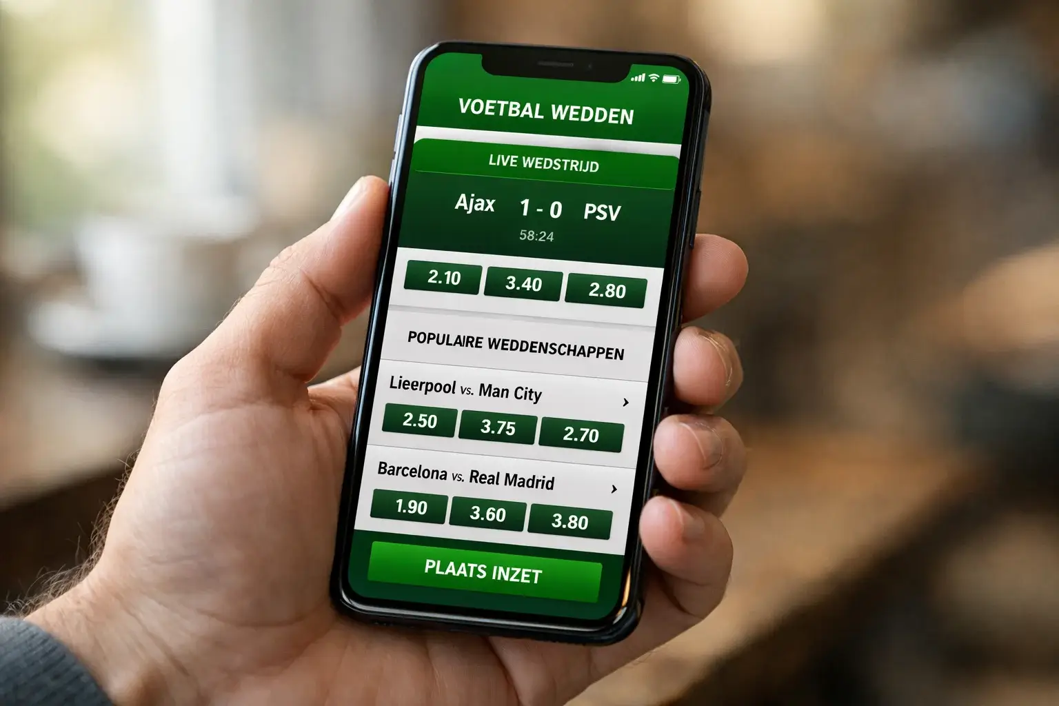 Smartphone met voetbal wedden app in mannelijke hand