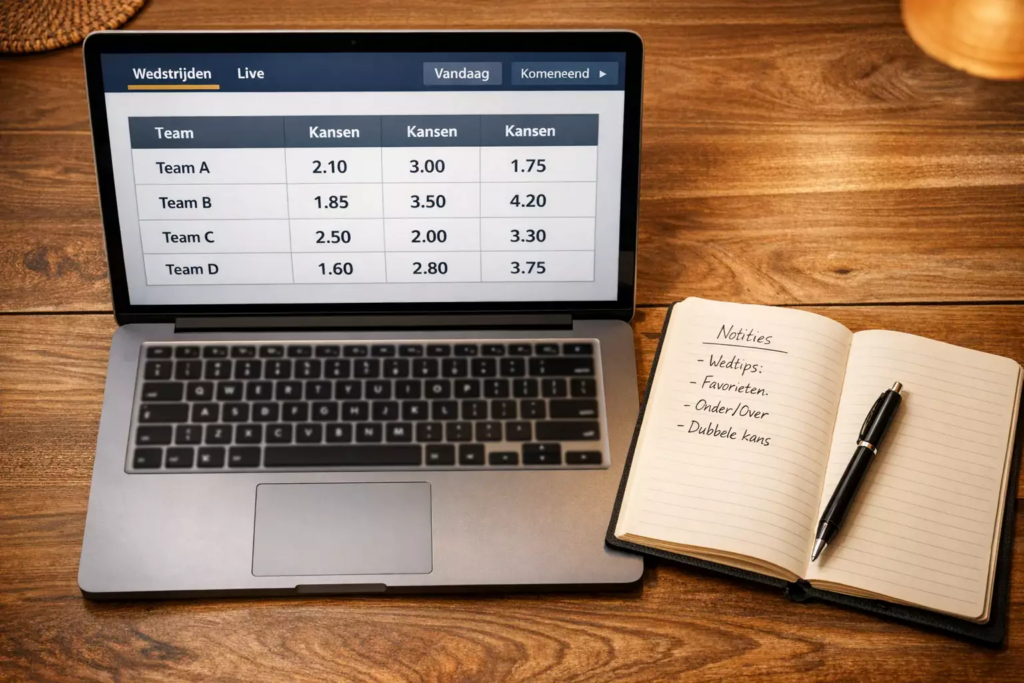 Laptop scherm met odds vergelijkingstabel en een notitieboek met aantekeningen ernaast