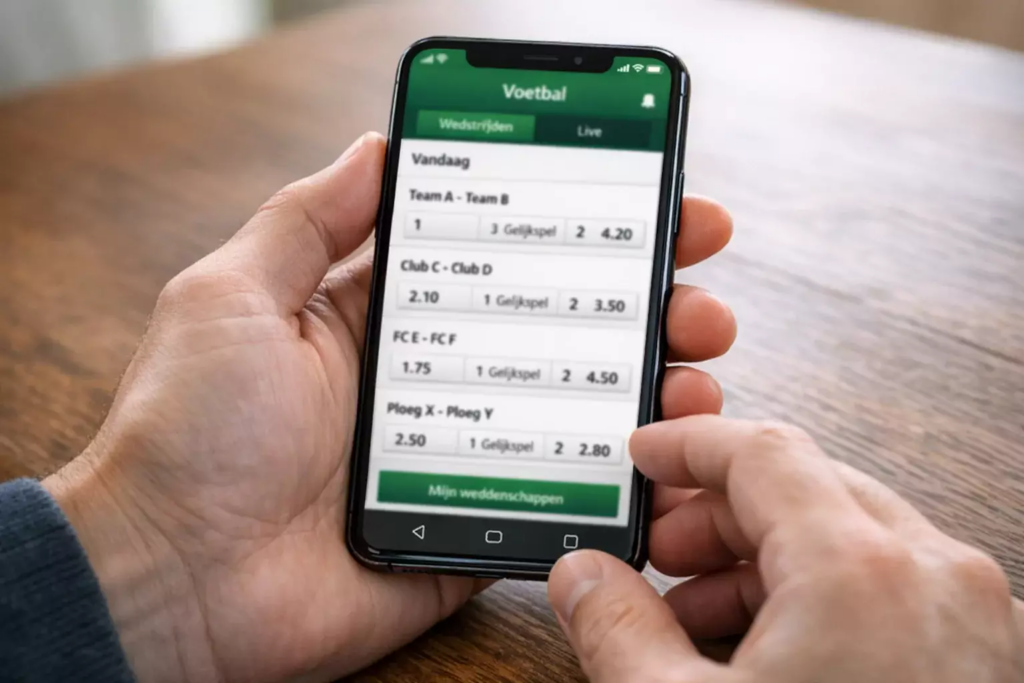 Handen van een persoon die een smartphone vasthoudt met een voetbal wedden app op het scherm