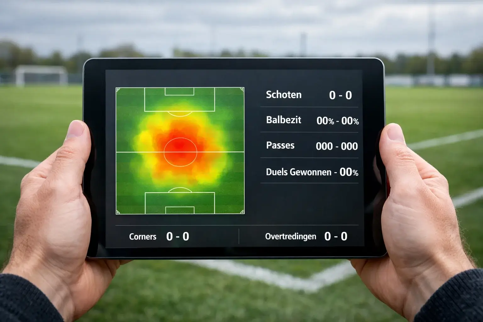Tablet toont voetbalstatistieken met een wedstrijdveld op achtergrond