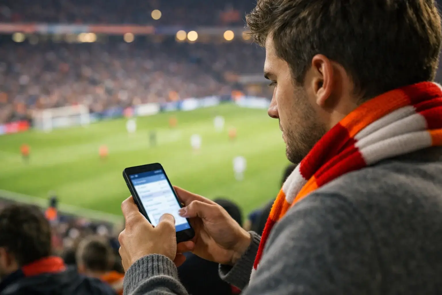 Jonge fan bekijkt een voetbalwedstrijd met telefoon in de hand