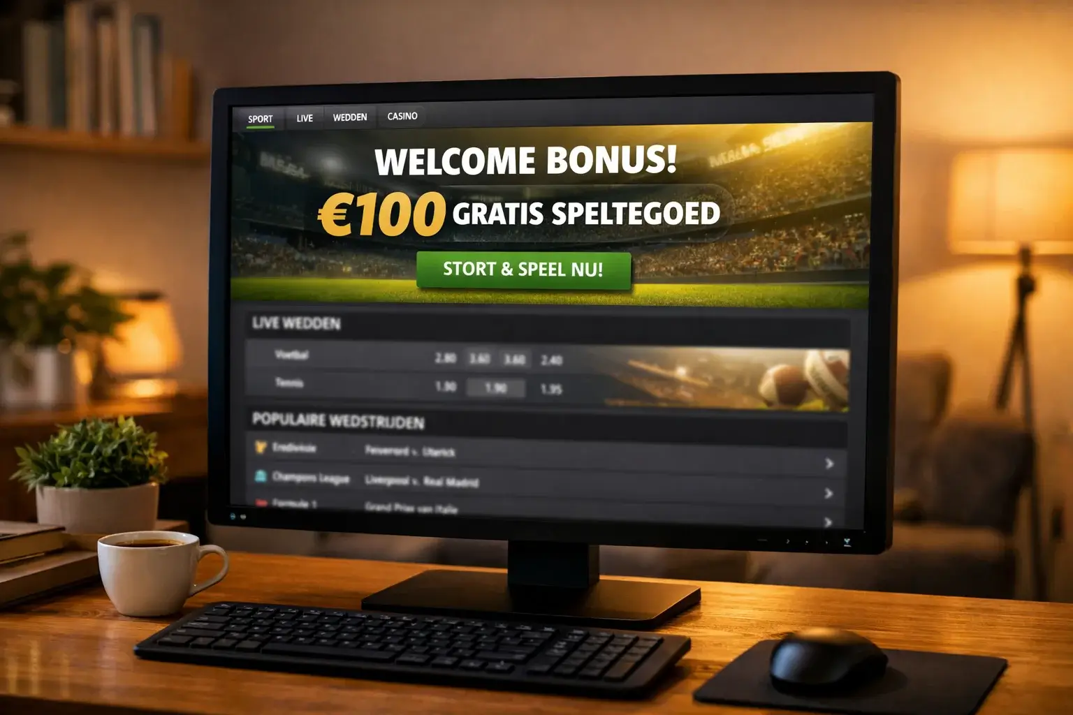 Welkomstbonus aanbieding op bookmaker scherm met voetbal